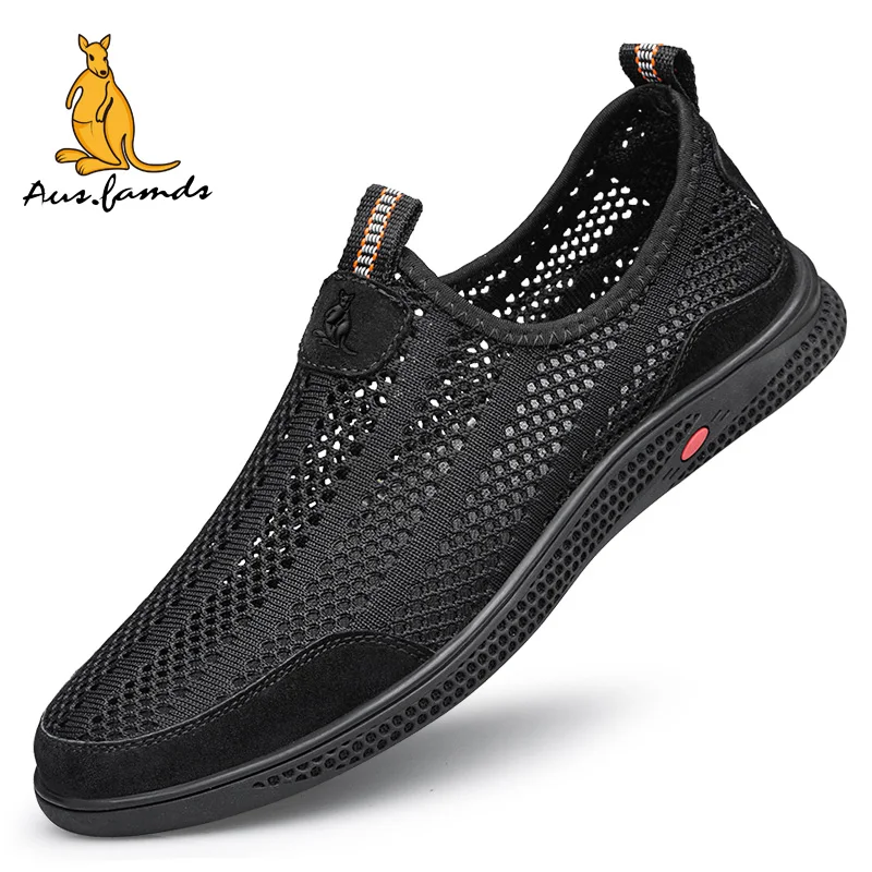 Lightweight Men's Kangaroo Logo Pigskin Leather Casual Sport Slip-On Running Shoes Breathable Soft Fabric Summer Walking Sandals