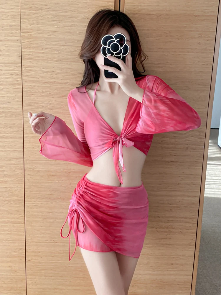 Swimsuit Women's Bikini Four-Piece Split Slimming Look Small Breasts 2025 New Long-Sleeved Hot Spring Girl Swimsuit High-End