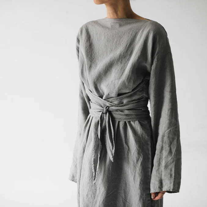 2023 new cotton and linen dress long sleeve off-neck lace-up dress