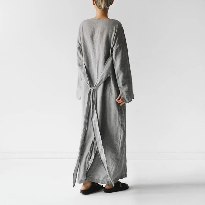 2023 new cotton and linen dress long sleeve off-neck lace-up dress