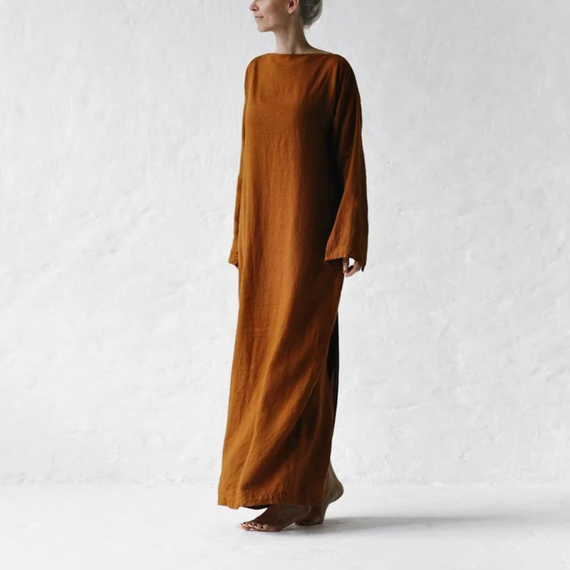 2023 new cotton and linen dress long sleeve off-neck lace-up dress