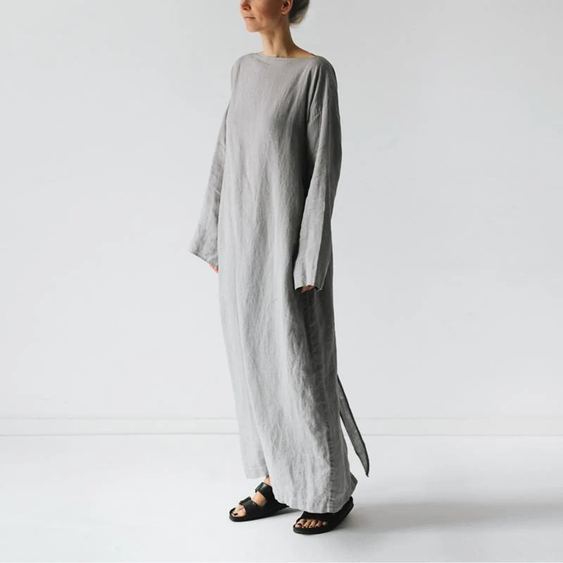 2023 new cotton and linen dress long sleeve off-neck lace-up dress