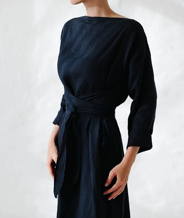 2023 new cotton and linen dress long sleeve off-neck lace-up dress