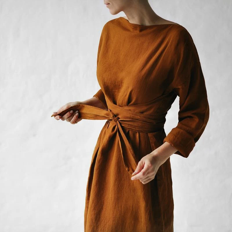 2023 new cotton and linen dress long sleeve off-neck lace-up dress
