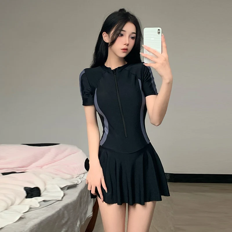2025 New Swimsuit Women's Summer One-Piece Skirt Covering Belly, Slimming, Conservative Long-Sleeved Student Sports Swimwear Super Fairy