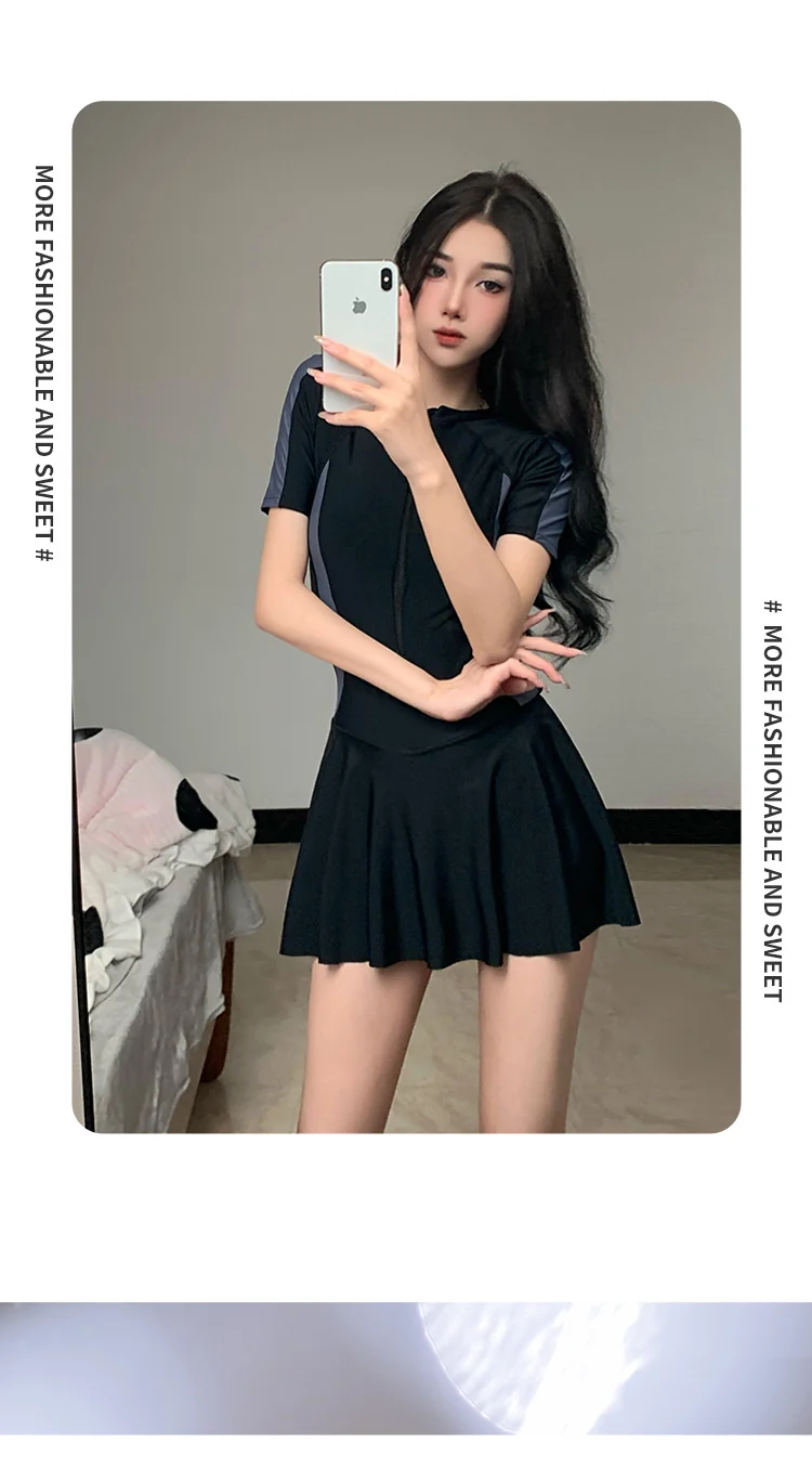2025 New Swimsuit Women's Summer One-Piece Skirt Covering Belly, Slimming, Conservative Long-Sleeved Student Sports Swimwear Super Fairy