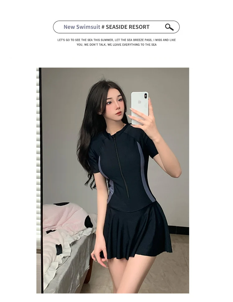2025 New Swimsuit Women's Summer One-Piece Skirt Covering Belly, Slimming, Conservative Long-Sleeved Student Sports Swimwear Super Fairy