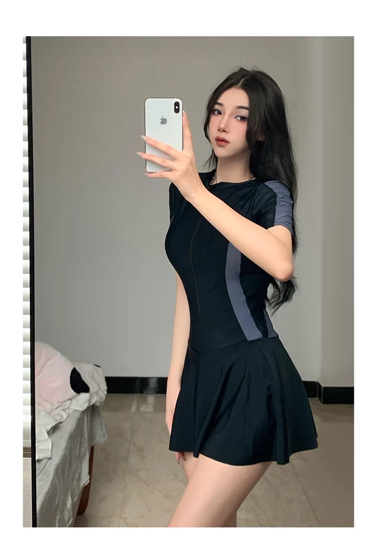2025 New Swimsuit Women's Summer One-Piece Skirt Covering Belly, Slimming, Conservative Long-Sleeved Student Sports Swimwear Super Fairy
