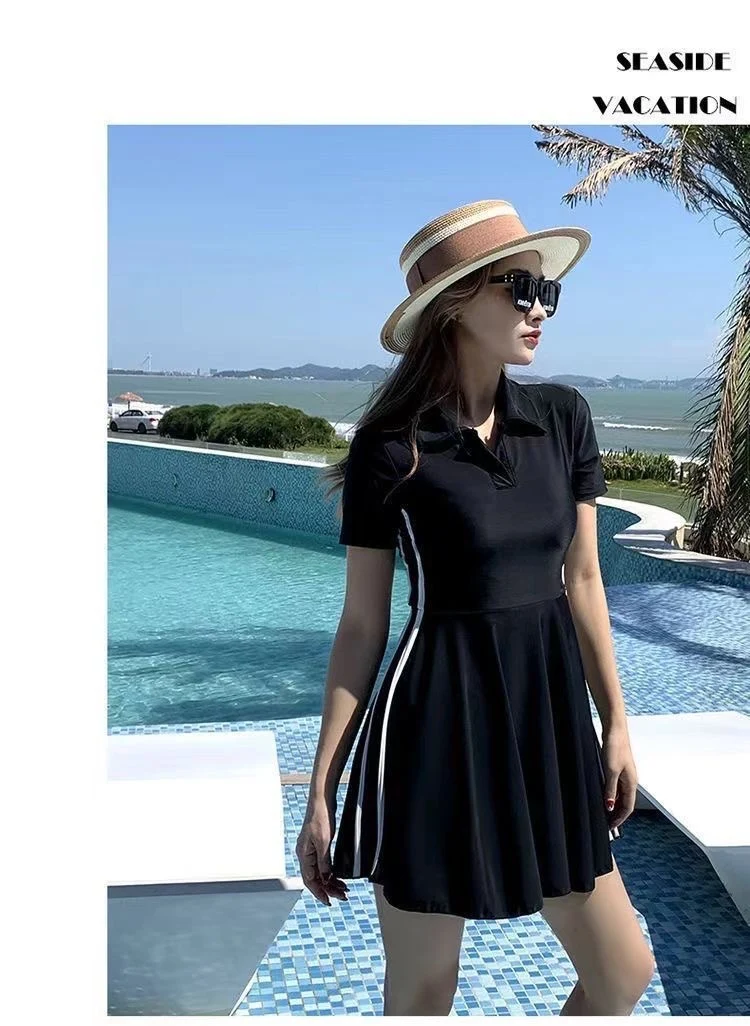 Women's Swimsuit Summer 2025 New Conservative One-Piece Skirt Style Belly-Covering Slimming Look Sports Boxer Student Hot Spring Swimwear
