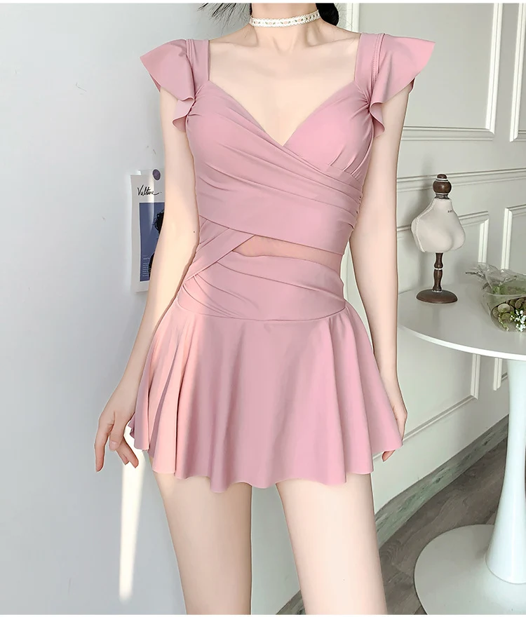 2025 New Swimsuit for Women, Belly-Covering, Slimming Look, One-Piece Skirt-Style Steel Support Push-Up Student Conservative Hot Spring Swimsuit