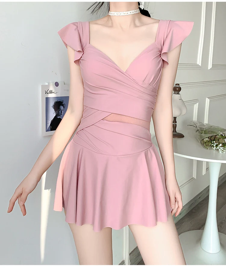 2025 New Swimsuit for Women, Belly-Covering, Slimming Look, One-Piece Skirt-Style Steel Support Push-Up Student Conservative Hot Spring Swimsuit