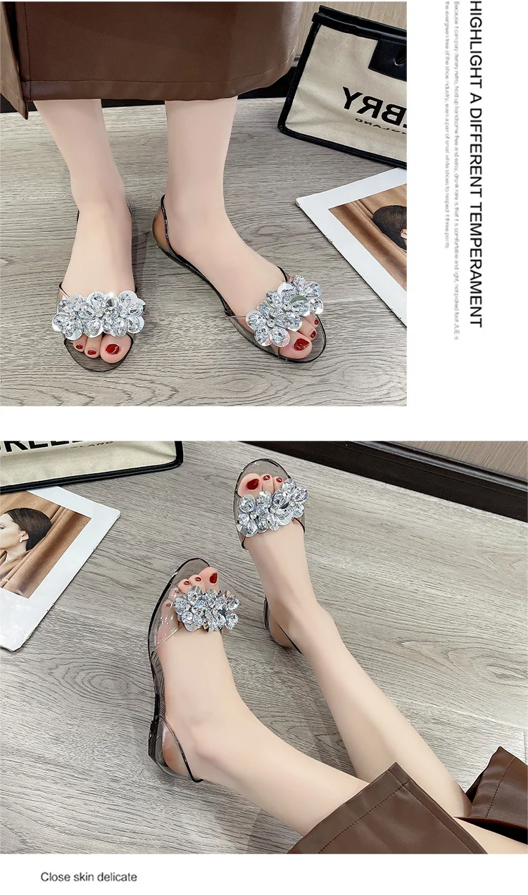 bingbing Sparkling Jelly Shoes Women's Summer Crystal Flat Heeled Fish Mouth Transparent Outer Wear Sandals Sanda