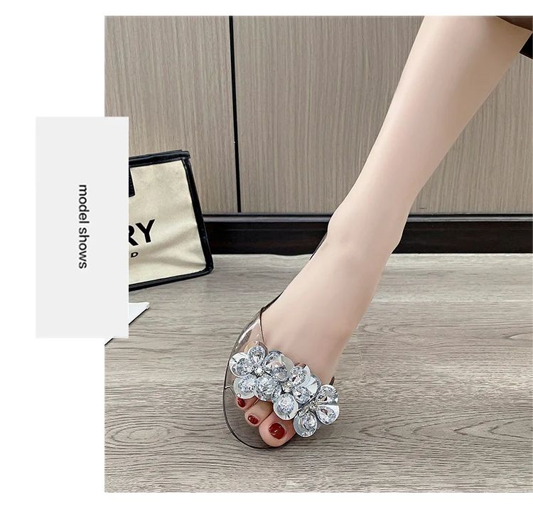 bingbing Sparkling Jelly Shoes Women's Summer Crystal Flat Heeled Fish Mouth Transparent Outer Wear Sandals Sanda