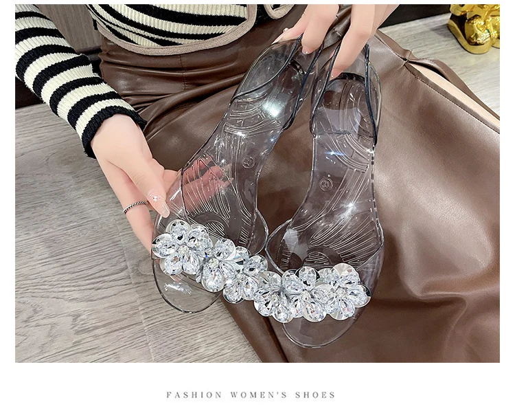 bingbing Sparkling Jelly Shoes Women's Summer Crystal Flat Heeled Fish Mouth Transparent Outer Wear Sandals Sanda