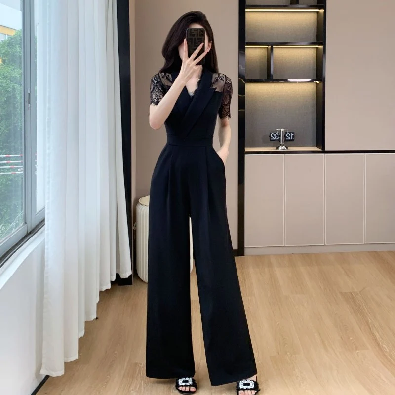 Cross-border High Leng Yujie Style Pants Women's Summer Short-sleeved High Waist Lace Stitching Hollow-out Pants Straight Pants