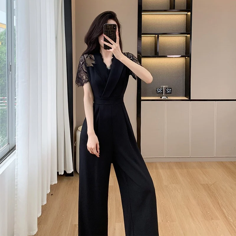 Cross-border High Leng Yujie Style Pants Women's Summer Short-sleeved High Waist Lace Stitching Hollow-out Pants Straight Pants