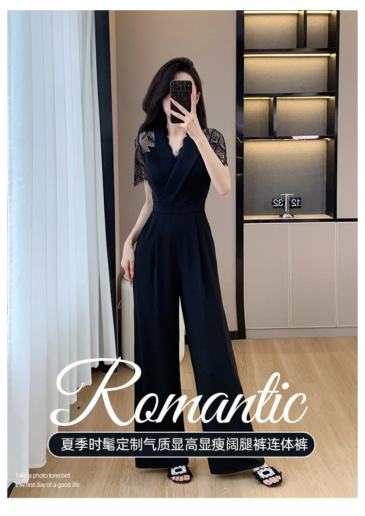 Cross-border High Leng Yujie Style Pants Women's Summer Short-sleeved High Waist Lace Stitching Hollow-out Pants Straight Pants