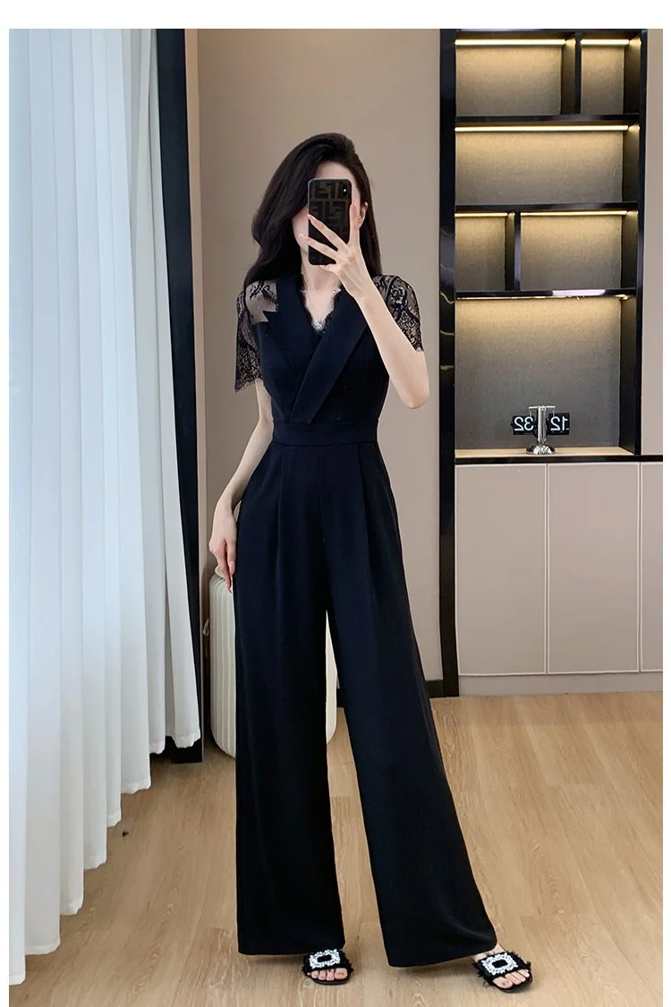 Cross-border High Leng Yujie Style Pants Women's Summer Short-sleeved High Waist Lace Stitching Hollow-out Pants Straight Pants