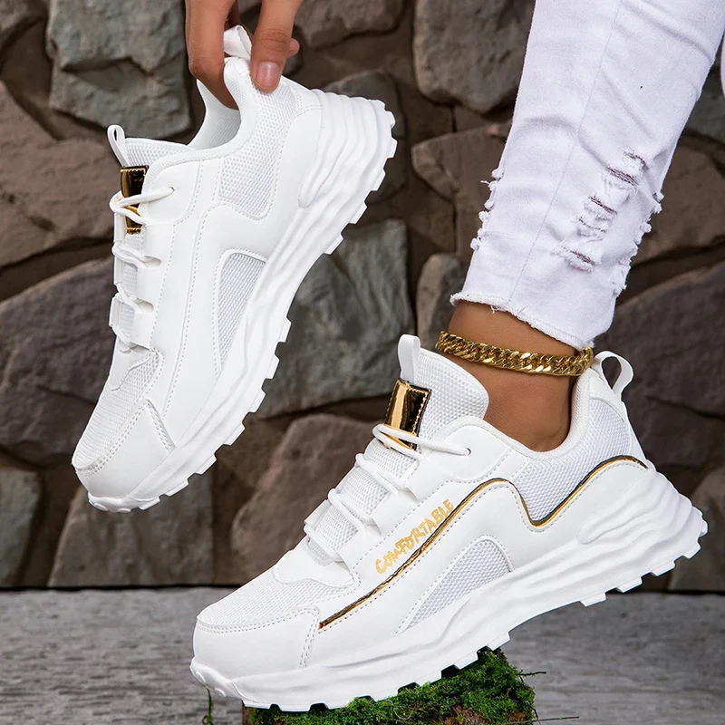 Rubber Outsole Lace up Womens Breathable Walking Style Sports Gym Jogging Tennis Fitness White Shoes Sneakers for Women