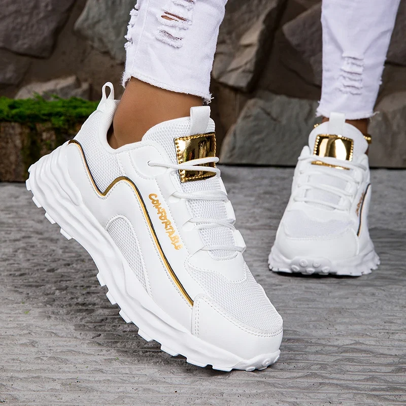 Rubber Outsole Lace up Womens Breathable Walking Style Sports Gym Jogging Tennis Fitness White Shoes Sneakers for Women