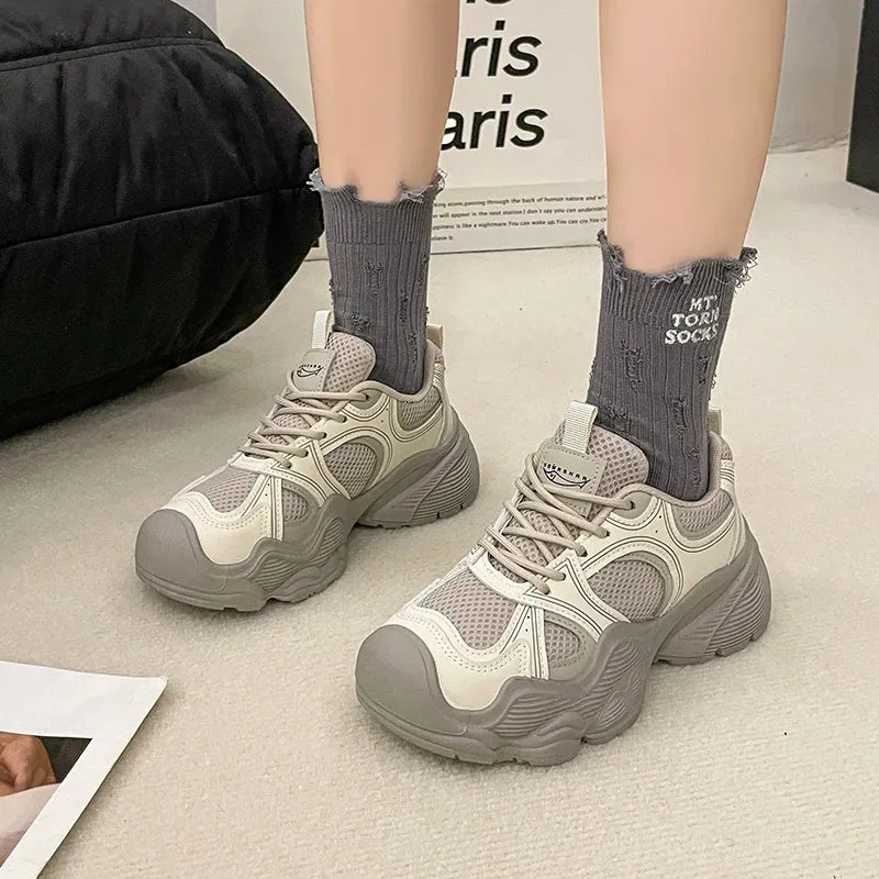 2024 Tall and Thick Soled Women's Spring and Autumn New Mesh Breathable Explosive Sports and Leisure Shoes