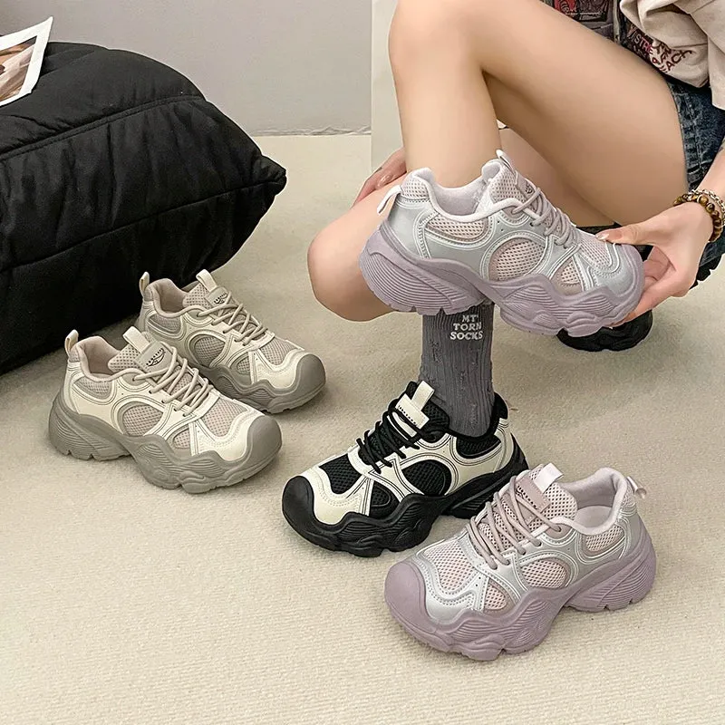 2024 Tall and Thick Soled Women's Spring and Autumn New Mesh Breathable Explosive Sports and Leisure Shoes