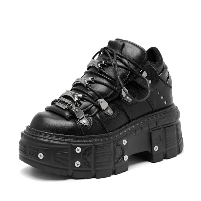 Punk Style Women's Black Shoes Rock Metal Decor Lace-up Platform Shoes Gothic Man's Leather Boots