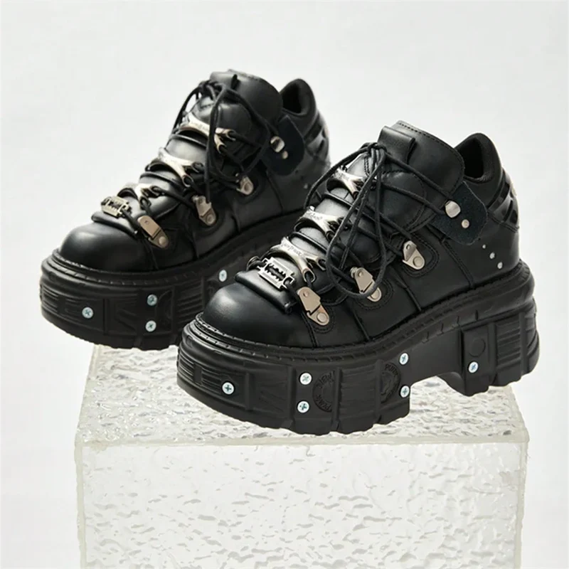 Punk Style Women's Black Shoes Rock Metal Decor Lace-up Platform Shoes Gothic Man's Leather Boots