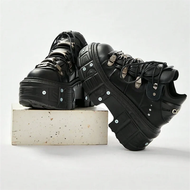 Punk Style Women's Black Shoes Rock Metal Decor Lace-up Platform Shoes Gothic Man's Leather Boots