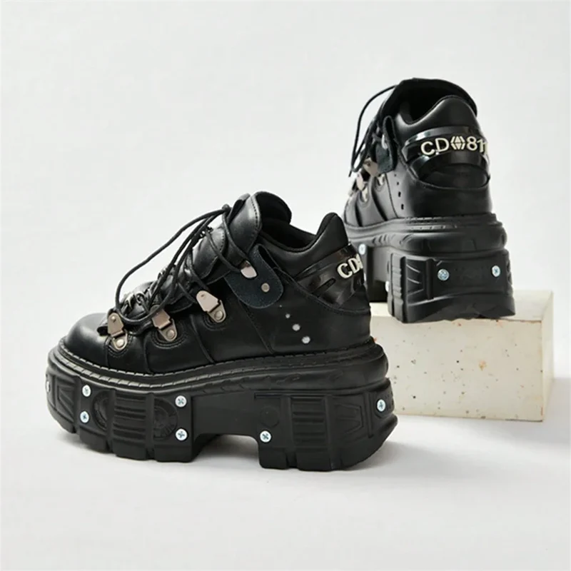 Punk Style Women's Black Shoes Rock Metal Decor Lace-up Platform Shoes Gothic Man's Leather Boots
