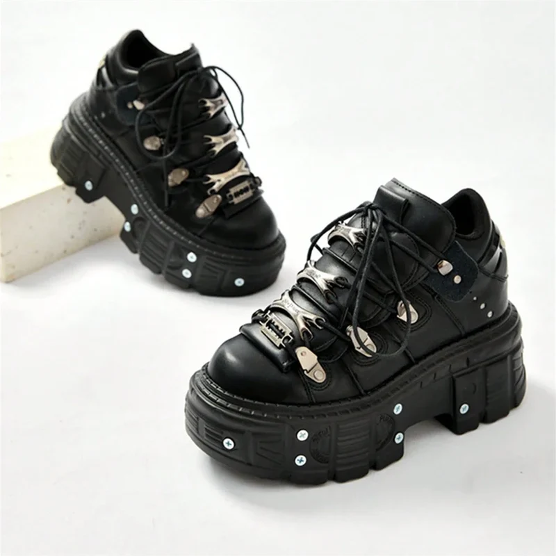 Punk Style Women's Black Shoes Rock Metal Decor Lace-up Platform Shoes Gothic Man's Leather Boots