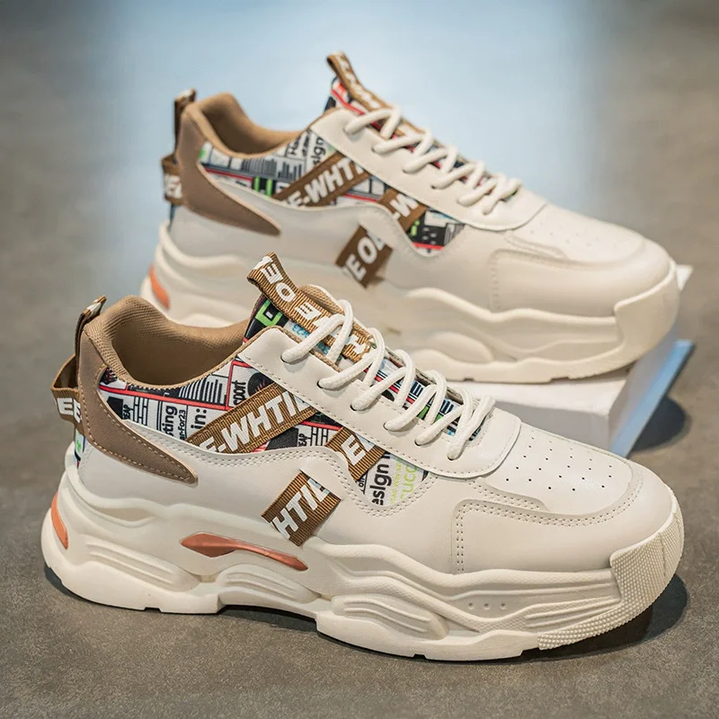 Spring Men's New Breathable White Shoes, Men's Trendy and Versatile Thick Soled Sports Shoes, Casual Dad Shoes