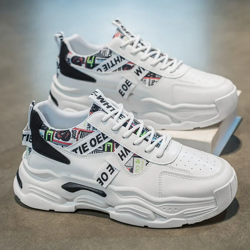 Spring Men's New Breathable White Shoes, Men's Trendy and Versatile Thick Soled Sports Shoes, Casual Dad Shoes