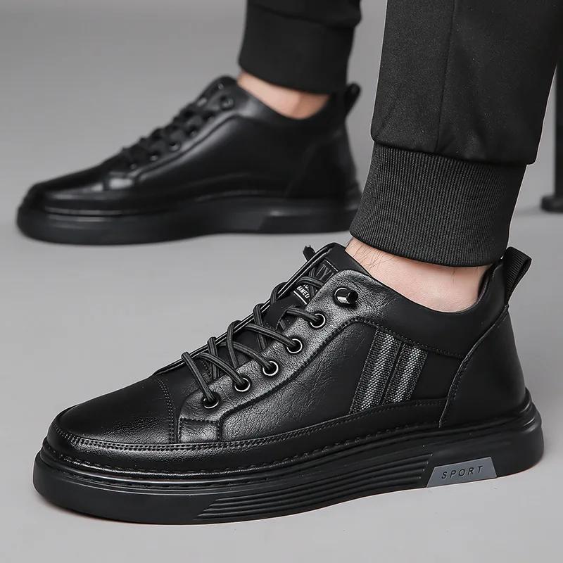 Men's Genuine Leather Lace up Round Toe Sporty Sport Shoes Black Autumn Plush Lined Soft Rubber Sole EVA Midsole Casual