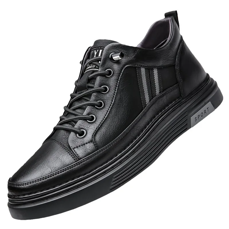 Men's Genuine Leather Lace up Round Toe Sporty Sport Shoes Black Autumn Plush Lined Soft Rubber Sole EVA Midsole Casual