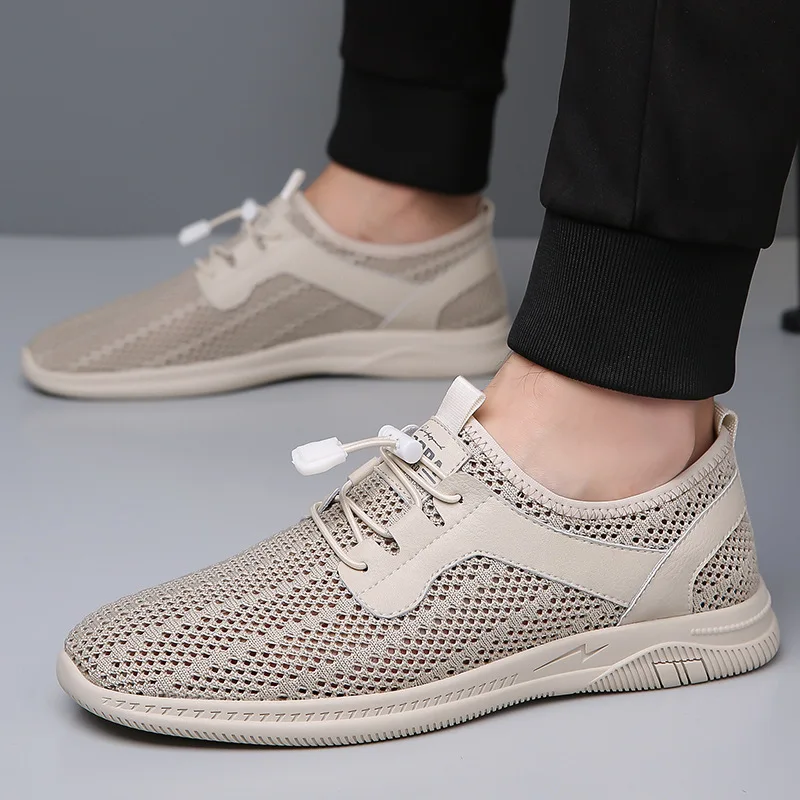 Men Summer Fly Knit Mesh Slip-On Casual Shoes Round Toe Breathable Lightweight Rubber Sole Solid Shoe Tongue Logo