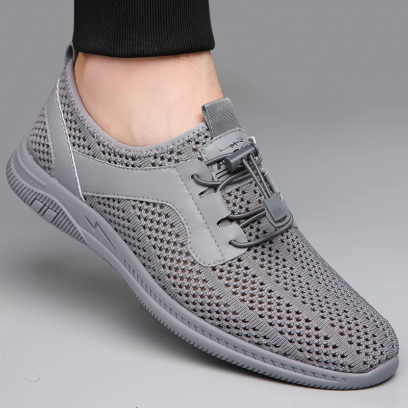 Men Summer Fly Knit Mesh Slip-On Casual Shoes Round Toe Breathable Lightweight Rubber Sole Solid Shoe Tongue Logo