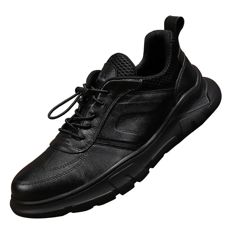 Men Leather Lace-up Casual Shoes Round Toe Breathable Mesh Lining Rubber Outsole EVA Midsole Autumn Fashion Comfortable Walking