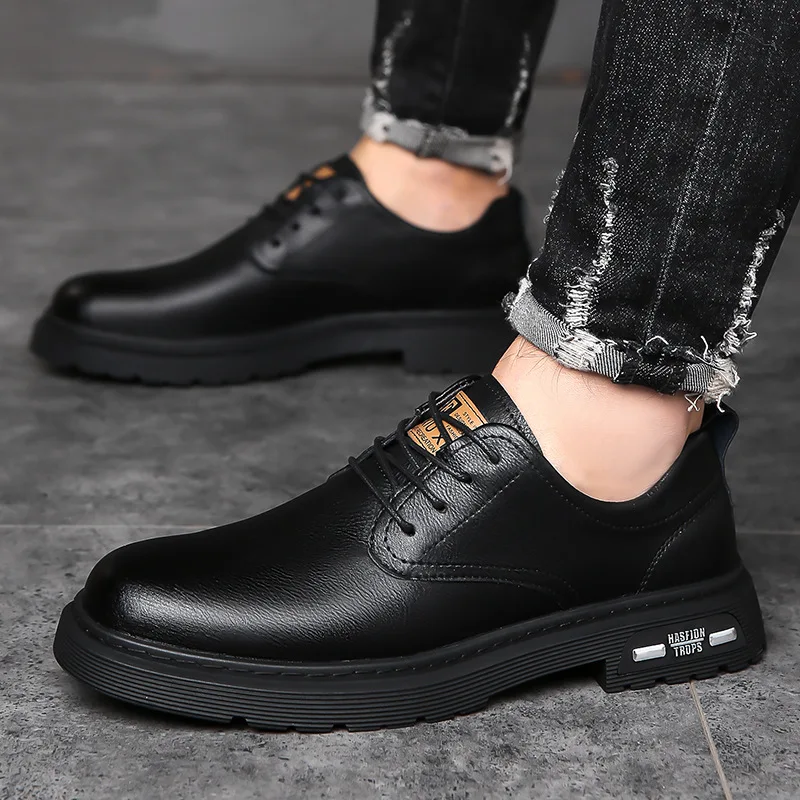Men's British Style Leather Loafers Round Toe Anti Slip Rubber Sole Spring Casual Dress Shoes