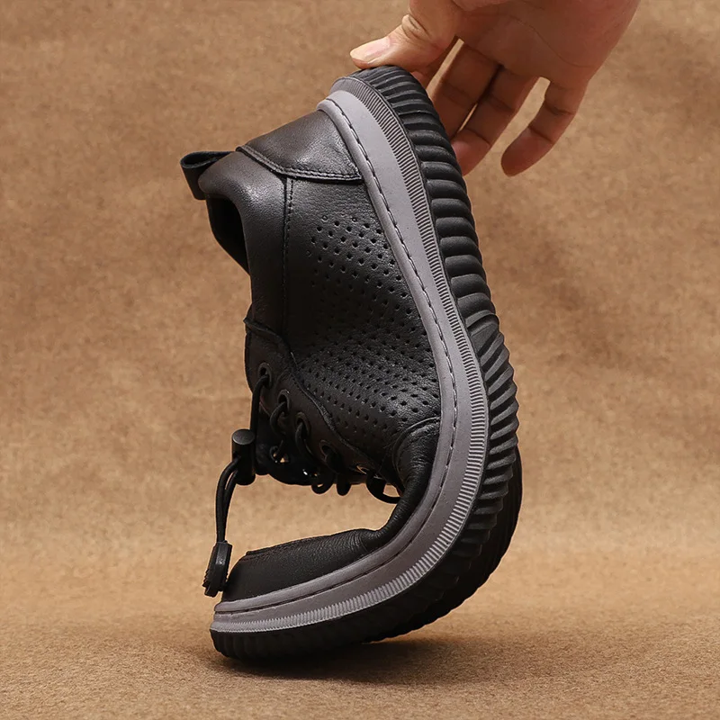 Men's Summer Breathable Leather Lace-up Round Toe Boat Shoes Solid Color EVA Midsole Rubber Outsole Casual Style