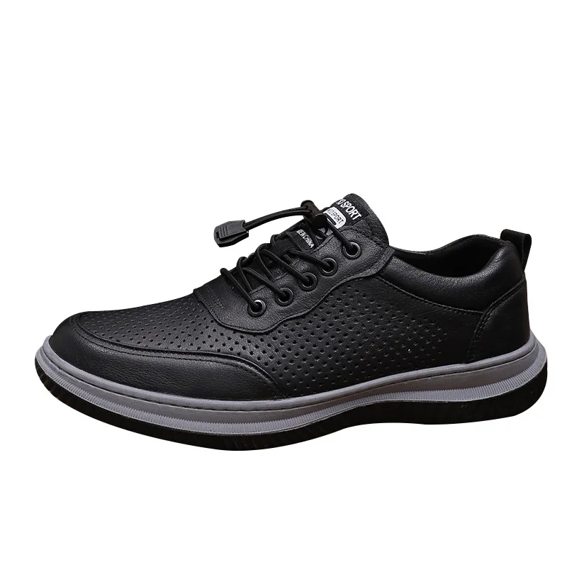 Men's Summer Breathable Leather Lace-up Round Toe Boat Shoes Solid Color EVA Midsole Rubber Outsole Casual Style