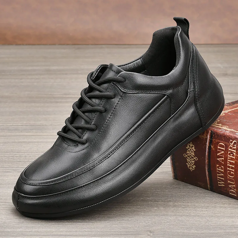 Genuine Leather Men's Casual Shoes Round Toe Lace Up Anti Slip Platform Rubber Sole All Seasons Chunky Shoes