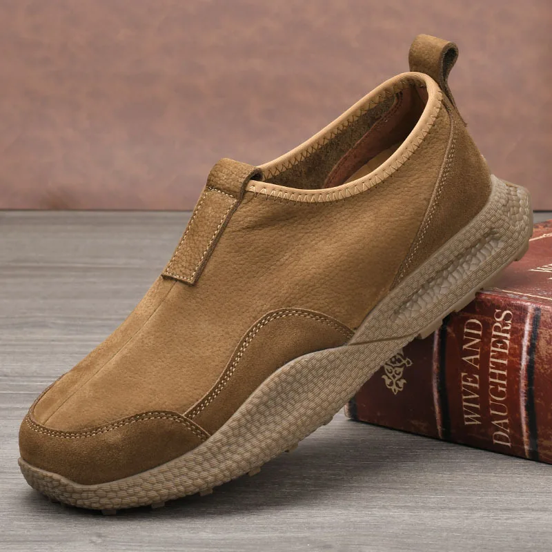 Men Slip-On Retro Shoes Genuine Cow Leather Round Toe Mesh Lining Rubber Outsole Breathable Walking Style Shoes