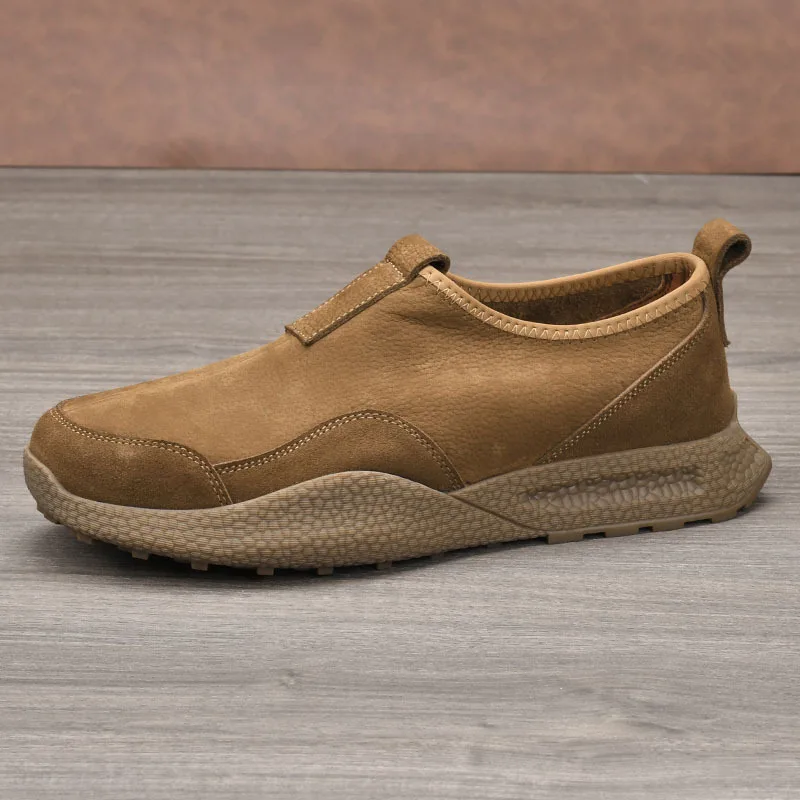 Men Slip-On Retro Shoes Genuine Cow Leather Round Toe Mesh Lining Rubber Outsole Breathable Walking Style Shoes