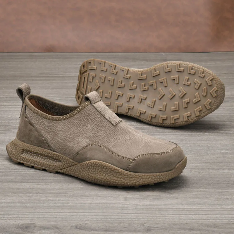 Men Slip-On Retro Shoes Genuine Cow Leather Round Toe Mesh Lining Rubber Outsole Breathable Walking Style Shoes