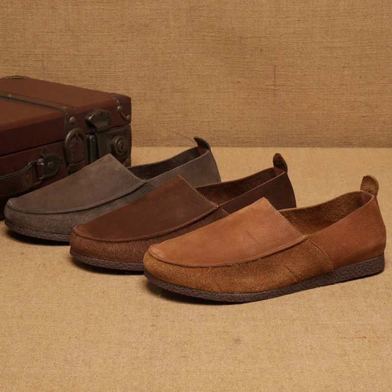 Men Suede Loafers Toe Slip-On Cow Leather Genuine Leather Lining Rubber Outsole Light Weight Solid Pattern Walking Style Shoes