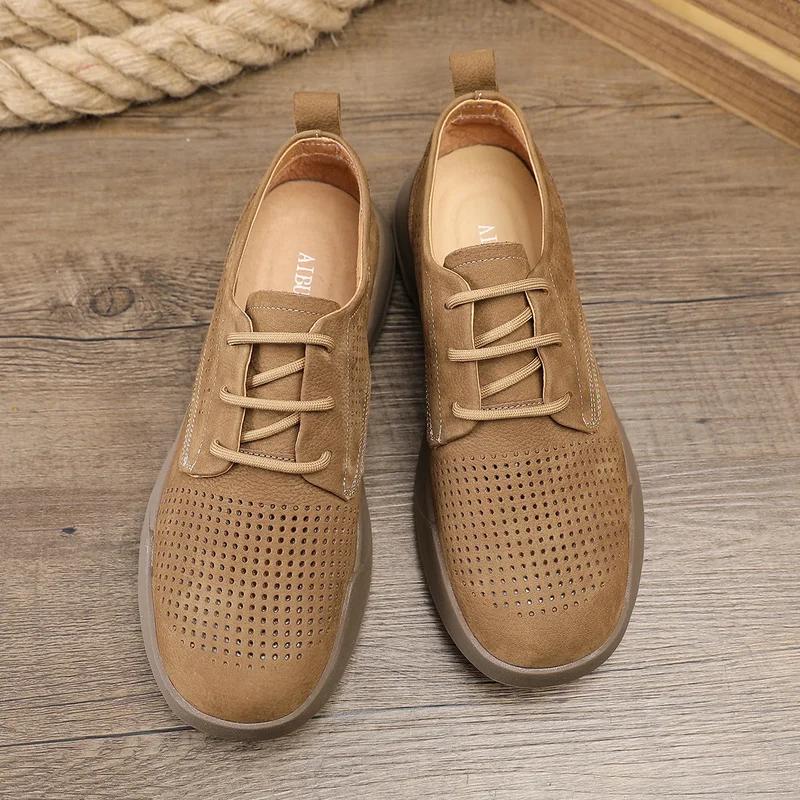 Leather Lace-up Men's Casual Shoes Round Toe Breathable EVA Sole Summer 38-44 Genuine Leather Lining