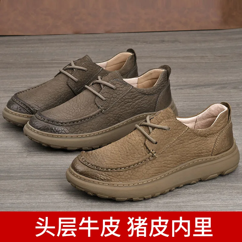 Genuine Leather Men's Casual Shoes Round Toe Lace-up Breathable EVA Sole All Seasons Boat Shoes