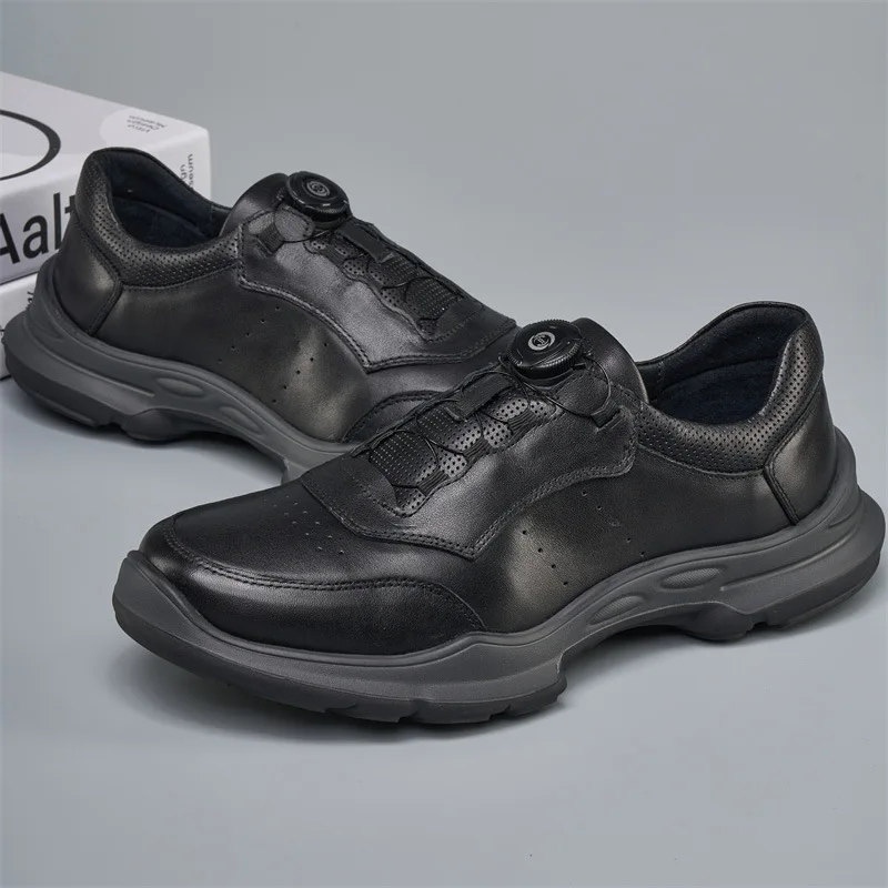 Men's Genuine Leather Casual Shoes Round Toe Lace-up Light Weight Spring Rubber Outsole EVA Midsole Mesh Lining