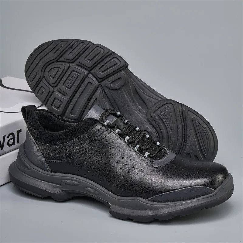 Men's Genuine Leather Casual Shoes Round Toe Lace-up Light Weight Spring Rubber Outsole EVA Midsole Mesh Lining